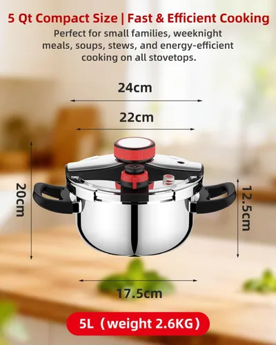 Miniatura 8 de Olla a presión de acero inoxidable de 5.3 cuartos de galón, olla a presión pequeña con tapa de bloqueo con una mano, sistema de seguridad de doble