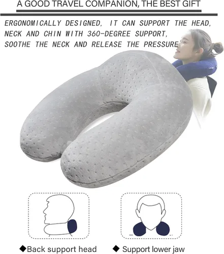 Miniatura 6 de Almohada de viaje para dormir, almohada de viaje de espuma viscoelástica gris en forma de U, almohada de avión para cabeza y cuello, almohada