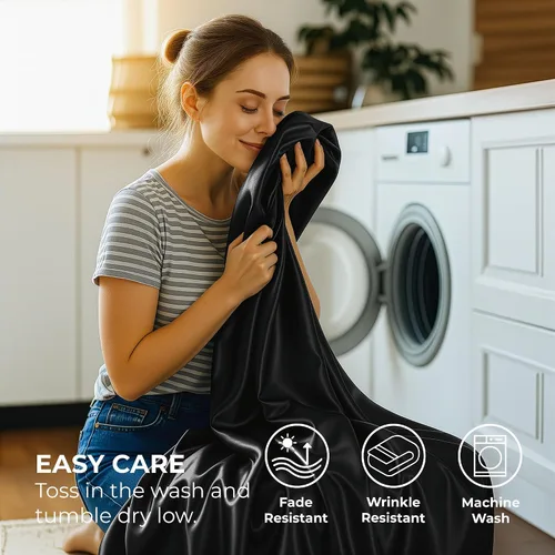Miniatura 7 de Pure Bedding Sábanas de satén matrimoniales [4 piezas, negras] Juego de sábanas de lujo sedosas de hotel – Juego de sábanas de microfibra extra Negro