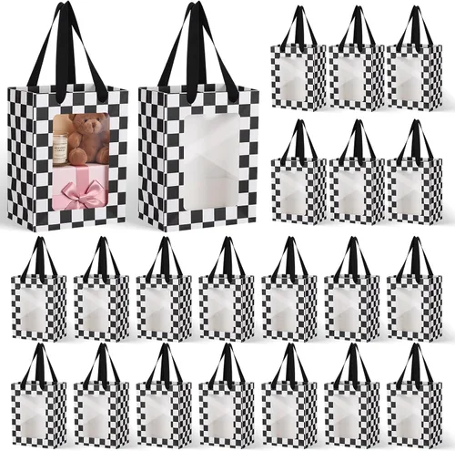 Harloon 24 Pcs Racing Car Paper Gift Bags with Clear Transparent Window, Checkered Flag Treat Party Favor Bags with Handles for Race Car Birthday,