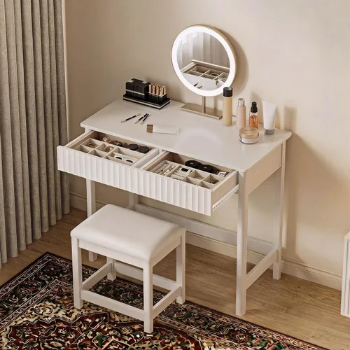 Miniatura 4 de ChooChoo Escritorio moderno de 40 pulgadas con cajones, escritorio de maquillaje con taburete acolchado, pequeño escritorio de oficina en casa