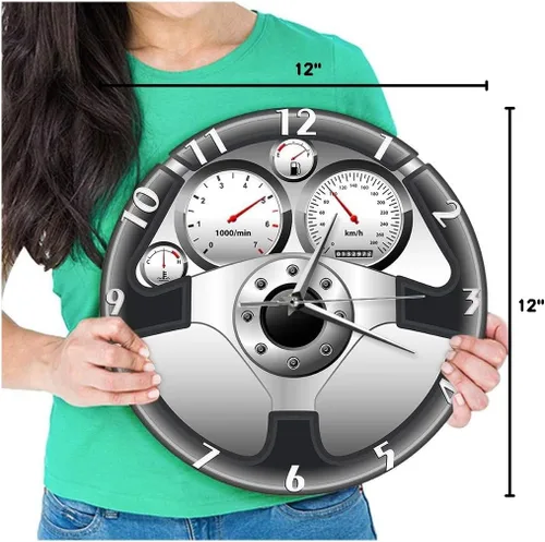 Miniatura 10 de The Geeky Days Reloj de pared de cuarzo silencioso con volante y tablero de instrumentos deportivo, diseño de automóvil, decoración del hogar