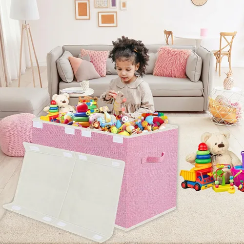 Miniatura 9 de Caja grande plegable de almacenamiento para juguetes con tapa y asas - Baúl organizador para niños para juguetes, ropa, mantas