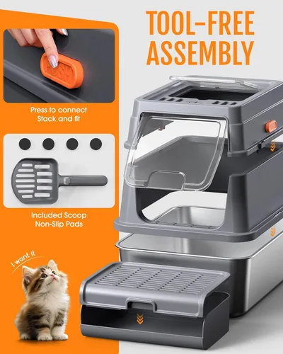 Miniatura 6 de Powools Caja de arena para gatos – Caja de arena de acero inoxidable con tapa para gatito, caja cerrada con base de metal para gatos con cuchara