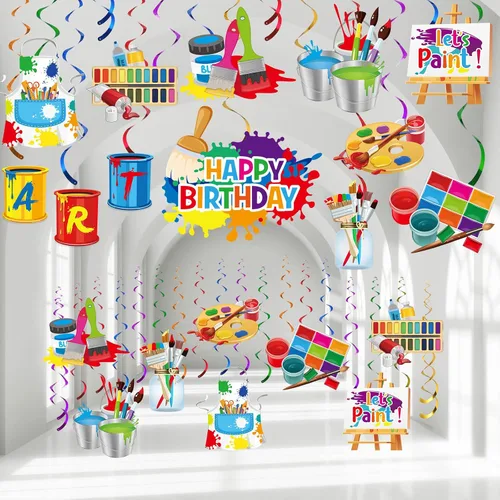 46 piezas de decoración de fiesta de pintura artística, decoración de techo de remolinos colgantes de cumpleaños para niños, niñas, niños, pintura,