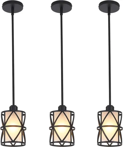 Miniatura 11 de Paquete de 3 Luces Colgantes para Isla de Cocina, Iluminación Colgante para Isla de Cocina, Luz Colgante de Vidrio con Jaula en Espiral, Pantalla