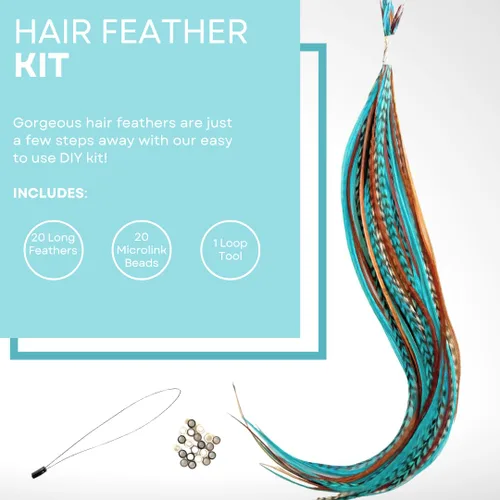 Miniatura 3 de Kit de extensiones de plumas de cabello, plumas de gallo largas reales para cabello con cuentas de microenlace y herramienta de bucle, turquesa