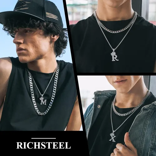 Miniatura 2 de Richsteel A-Z - Collar con inicial de corona para hombres y mujeres, chapado en oro de 18 quilates, circonita cúbica brillante, colgante