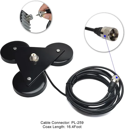 Miniatura 4 de Base de montaje de antena magnética SO239 resistente con imanes triples, con cable RG-58 de 16.4 ft (16.4 pies) PL-259 enchufe, para antena de radio