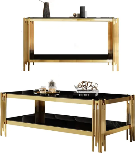 Miniatura 21 de Mesa auxiliar rectangular de vidrio de 48 pulgadas, mesa de centro de 2 niveles con parte superior de vidrio templado negro, patas de acero
