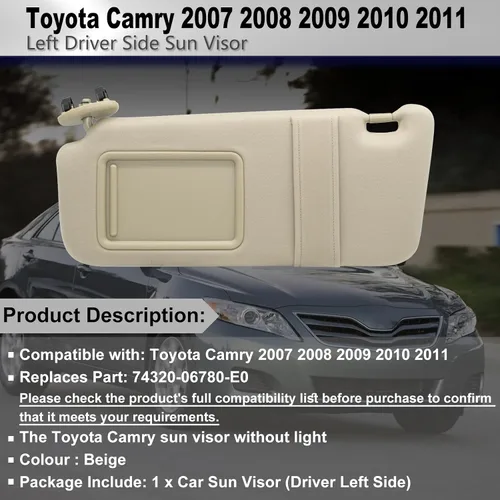 Miniatura 2 de Visera solar del lado izquierdo del conductor sin luz compatible con Toyota Camry 2007 2008 2009 2010 2011 Número de repuesto 74320-06780-E0