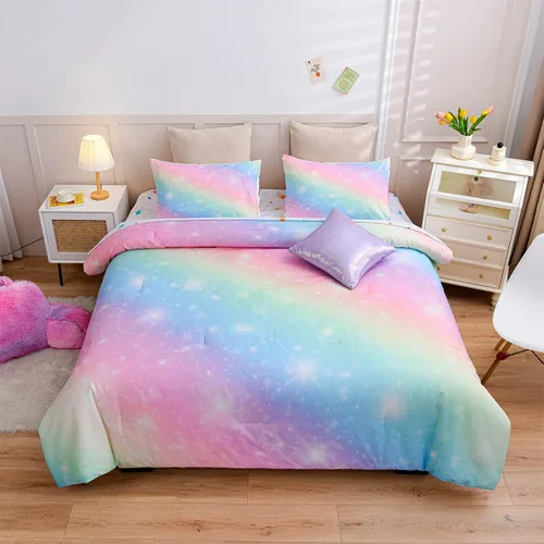 Miniatura 11 de A Nice Night Juego de Edredón para Niñas Tamaño Twin 6 Piezas Cama en una Bolsa Ropa de Cama 3D Colorida Brillante Galaxia Arcoíris