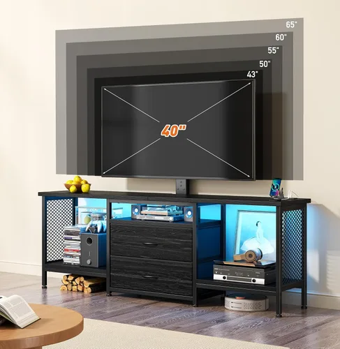 Miniatura 2 de Soporte de TV de 55 pulgadas de ancho con soporte y toma de corriente para TV de 32/45/55/60/65 pulgadas, consola LED giratoria y ajustable con 2