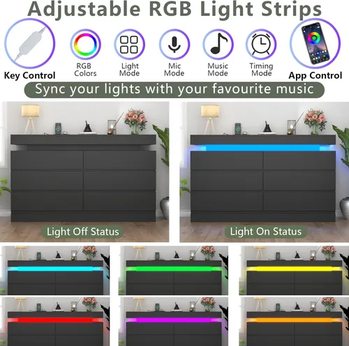 Miniatura 4 de Gyfimoie Cómoda de 6 cajones con toma de corriente, cómoda con luz LED, cómoda moderna de cajones para armario, gabinete organizador de cajones Negro