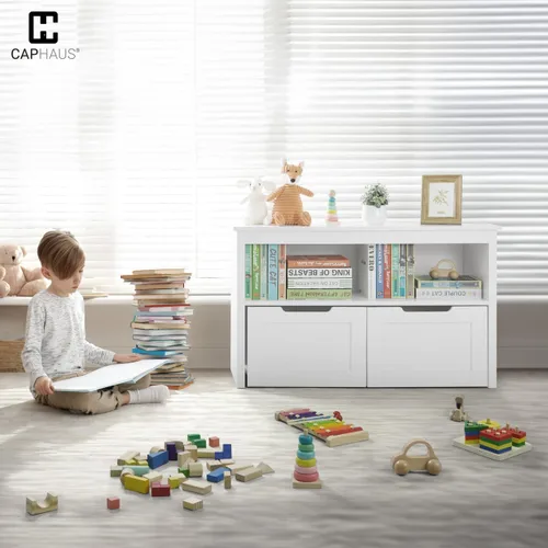 Miniatura 8 de CAPHAUS Organizador de almacenamiento de juguetes con 2 cajones con ruedas, blanco, organización y almacenamiento de sala de juegos, caja