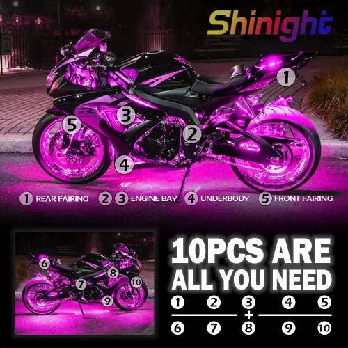Miniatura 2 de SHINIGHT - Juego de 10 luces LED para motocicleta, control por aplicación, tira de luces impermeables multicolor con control remoto RF
