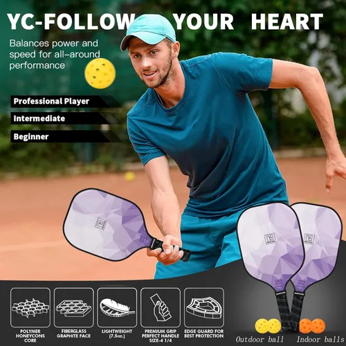 Miniatura 4 de YC DGYCASI Pickleball Paddles Set of 2, 2026 USAPA Approved Pickleball Set, Fiberglass Lightweight Pickle Ball Rackets 2 Pack, 2 Outdoor Pickleball