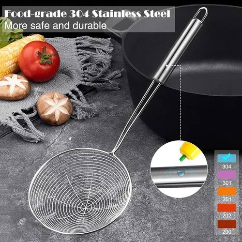 Miniatura 4 de Colador de araña de acero inoxidable, cuchara de alambre con mango largo/malla en espiral para cocina, cocina y freír alimentos (5.3 pulgadas)