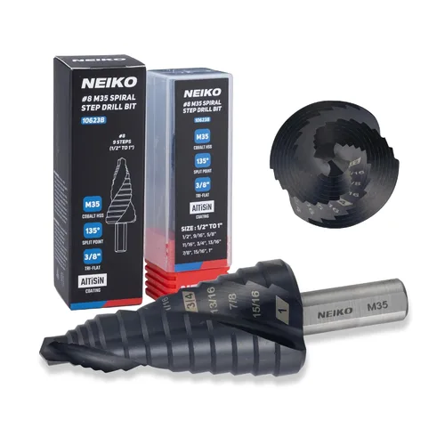 Miniatura 45 de NEIKO 10602B Step Drill Bit, 13 Steps 1/8" to 1/2" Spiral M35 Cobalt, AlTiSiN Coated, 1/4" Quick Change Step Bits for Steel, Metal, Wood, Plastic