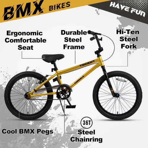 Miniatura 3 de cubsala 20 24 26 Inch BMX Race Bike Trident Bicycles Beginner-Level to Advanced Riders with 2 Pegs, Multiple Colors Dorado