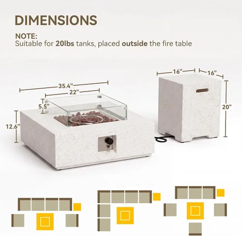 Miniatura 6 de COSIEST mesa de fogata a propano para exteriores de 35 pulgadas cuadrada de arenisca con protector contra el viento y mesa lateral, certificada