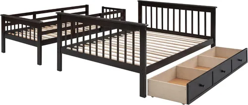 Miniatura 6 de Literas de escalera individual sobre matrimonial con escaleras de almacenamiento de 4 escalones y cajones debajo de la cama, color espresso