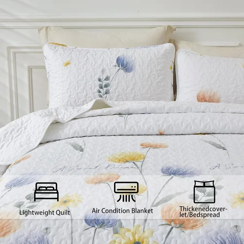Miniatura 4 de Dinjoy Juego de colcha floral tamaño Queen, colcha azul agua tamaño Queen de 3 piezas, juego de ropa de cama ligera de estilo granja, colcha