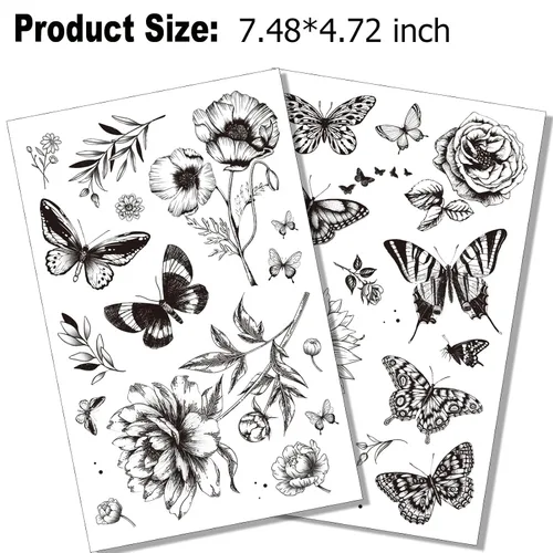 Miniatura 7 de Tazimi 6 hojas de tatuajes temporales de mariposa de flores negras para mujeres y niñas, de larga duración, realistas, impermeables, tatuajes falsos