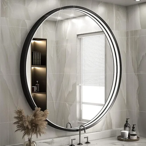 Miniatura 16 de Espejo de baño LED redondo de 36 pulgadas, espejo de tocador antivaho regulable con control táctil, luz natural de 6000 K, marco de metal negro