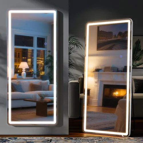 Miniatura 14 de Espejo LED de longitud completa, 30 x 71 pulgadas, espejo de cuerpo completo de vidrio templado con atenuación e iluminación de 3 colores de pie
