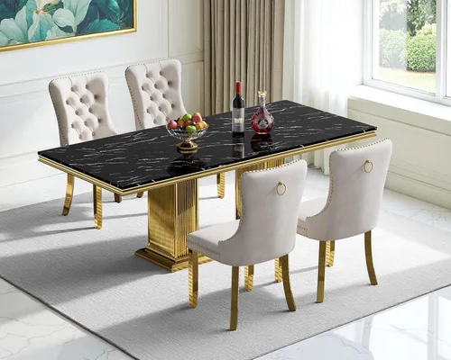 Miniatura 3 de Henf Juego de mesa de comedor de mármol sintético de 68 pulgadas para 6, juego de mesa de comedor de 7 piezas con 6 sillas copetudas de terciopelo