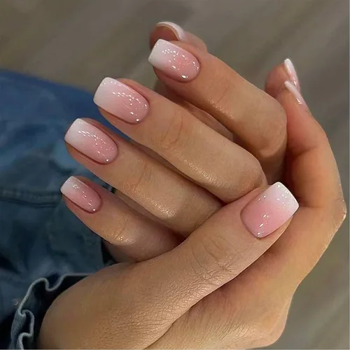 Miniatura 8 de Uñas postizas verdes a presión - Uñas falsas cortas cuadradas con purpurina dorada y diseños de remolino, acabado brillante, uñas postizas acrílicas