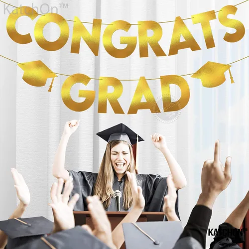 Miniatura 6 de KatchOn, Banner de graduación de felicitaciones doradas y negras con purpurina, 10 pies, pancarta de graduación dorada y negra, guirnalda de gorra