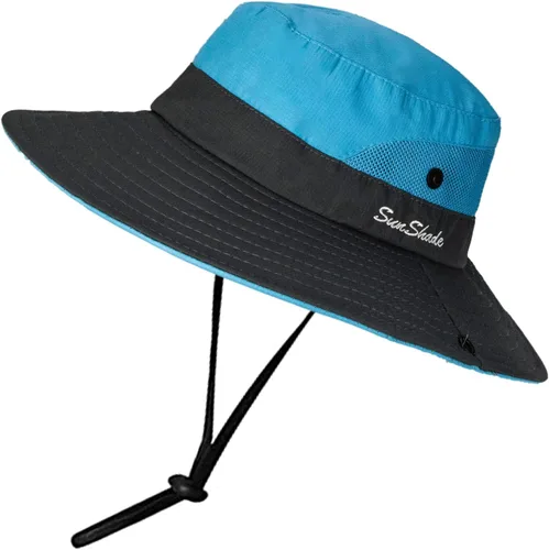 Miniatura 36 de Sombrero de sol de verano para mujer, cola de caballo – Protección UV de malla de ala ancha plegable con agujero para cola de caballo