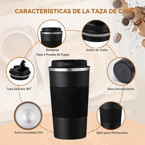 Miniatura 5 de Taza de Café de Viaje de 12 OZ, Taza de Café Aislada con Tapa a Prueba de Derrames y Fugas, Vaso Portátil de Acero Inoxidable Reutilizable para Agua