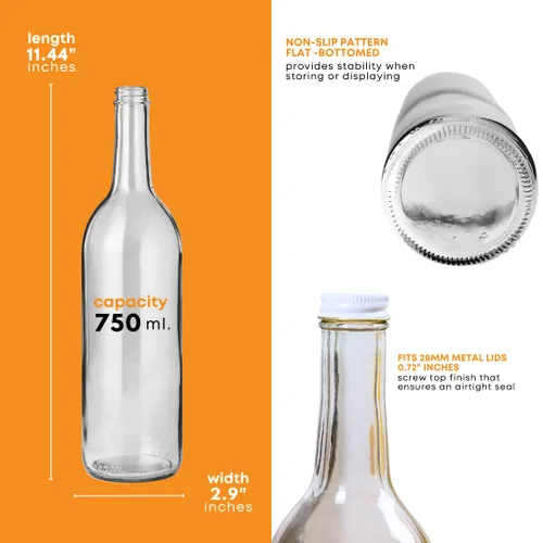 Miniatura 3 de FastRack - Botellas de vino transparentes de 750 ml con tapas de rosca de metal blanco de 28 mm (Paquete de 12) Botellas de vino de Burdeos W5