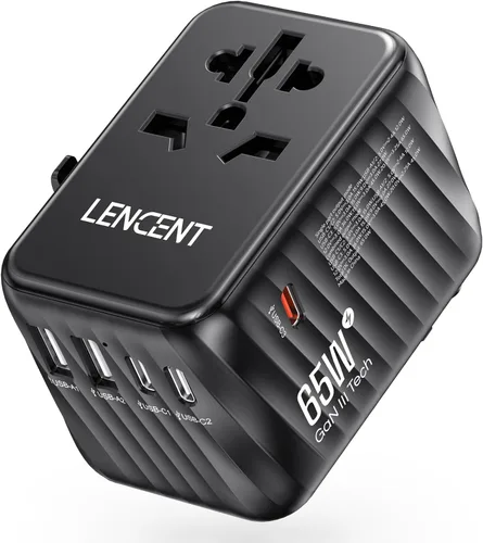 LENCENT Adaptador de viaje internacional, cargador rápido universal GaN3 de 65 W con 2 USB A + 3 PD tipo C, adaptador de corriente mundial para Negro