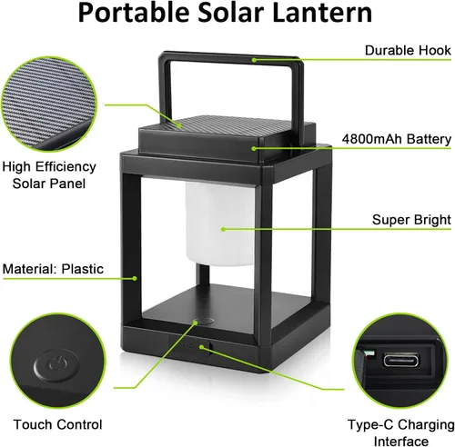 Miniatura 3 de Lámpara de mesa solar para exteriores, luz recargable inalámbrica para patio, linterna LED portátil con control táctil, 3 niveles de brillo, 4800