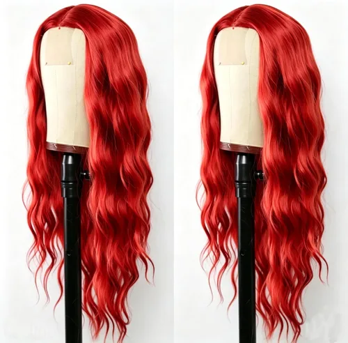 Miniatura 3 de Peluca de cabello sintético ondulado rojo con raya en el medio, peluca de encaje ondulado natural rojo de 24 pulgadas para mujer, para uso diario