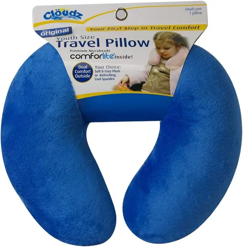 Cloudz Almohada de cuello de viaje en avión de doble comodidad para niños. Felpa súper suave y acogedora en un lado, elastano relajante fresco en el