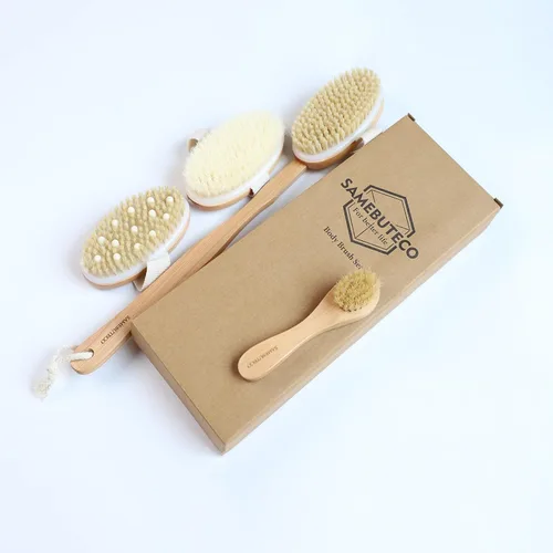 Miniatura 5 de SAMEBUTECO Juego de cepillos corporales de cepillado en seco con mango largo deslizante, limpiador de baño de madera 4 en 1 con cepillo facial y 3