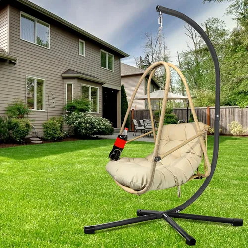 Miniatura 7 de JESE Silla Huevo Columpio con Soporte Marco Plegable Sillas Colgantes para Interior Exterior, con Cojín Impermeable Resistente a UV y Portavasos