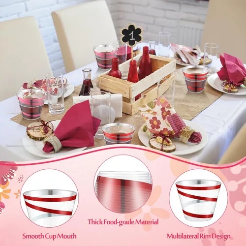 Miniatura 3 de Gejoy Tazas de plástico con borde y remolino de 9 onzas, tazas desechables de vino de plástico transparente, elegantes tazas de Halloween para Rojo