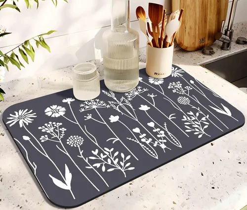 Miniatura 31 de Tapete de secado de platos para encimera de cocina 20x12 pulgadas, tapete de secado rápido de platos lavable, tapete de drenaje absorbente con Limón