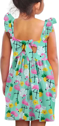 Miniatura 18 de Vieille Vestido de verano para niñas pequeñas, con volantes, manga corta, lindo vestido de sirena sin espalda para niños, vestido de playa casual