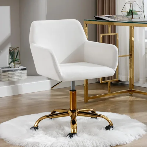 Miniatura 2 de Silla de escritorio de pelo sintético giratoria 360°, silla de oficina ajustable en altura con base dorada para adolescentes, mujeres y niñas, silla