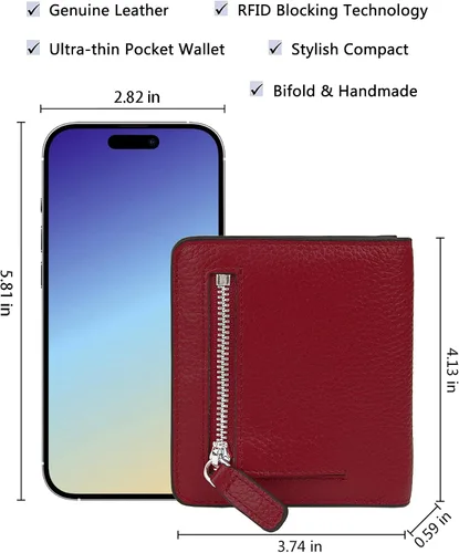 Miniatura 5 de BIG SALE-AINIMOER billetera de bolsillo pequeña con cremallera, plegable, compacta de cuero con bloqueo por identificación por radiofrecuencia
