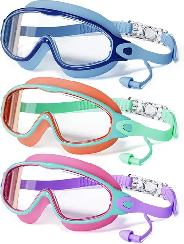 Miniatura 14 de Paquete de 3 gafas de natación para niños, con tapones para los oídos, marco grande, antivaho, UV, visión amplia, para niños y niñas de 4 a 12 años