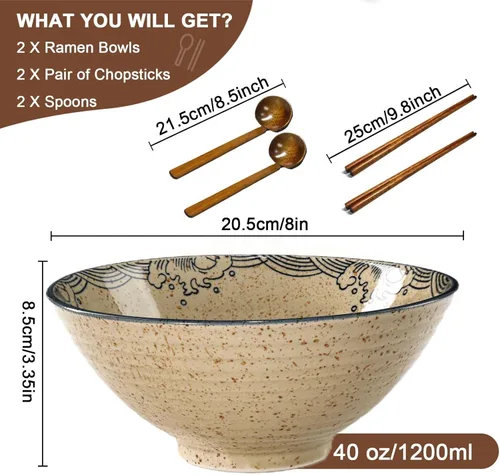 Miniatura 2 de Juego de cuencos de cerámica para ramen, 2 juegos de 34 onzas, cuencos grandes de sopa de fideos japoneses con cucharas y palillos para sopa