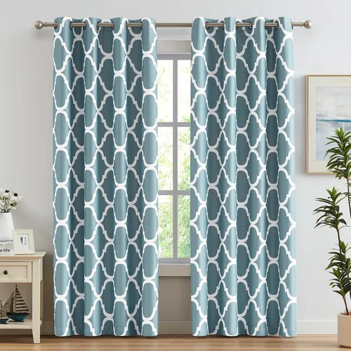 Miniatura 43 de Melodieux - Cortinas opacas estilo marroquí con aislamiento térmico y ojales para oscurecer sala de estar, 2 paneles. Blanco hueso/verde azulado